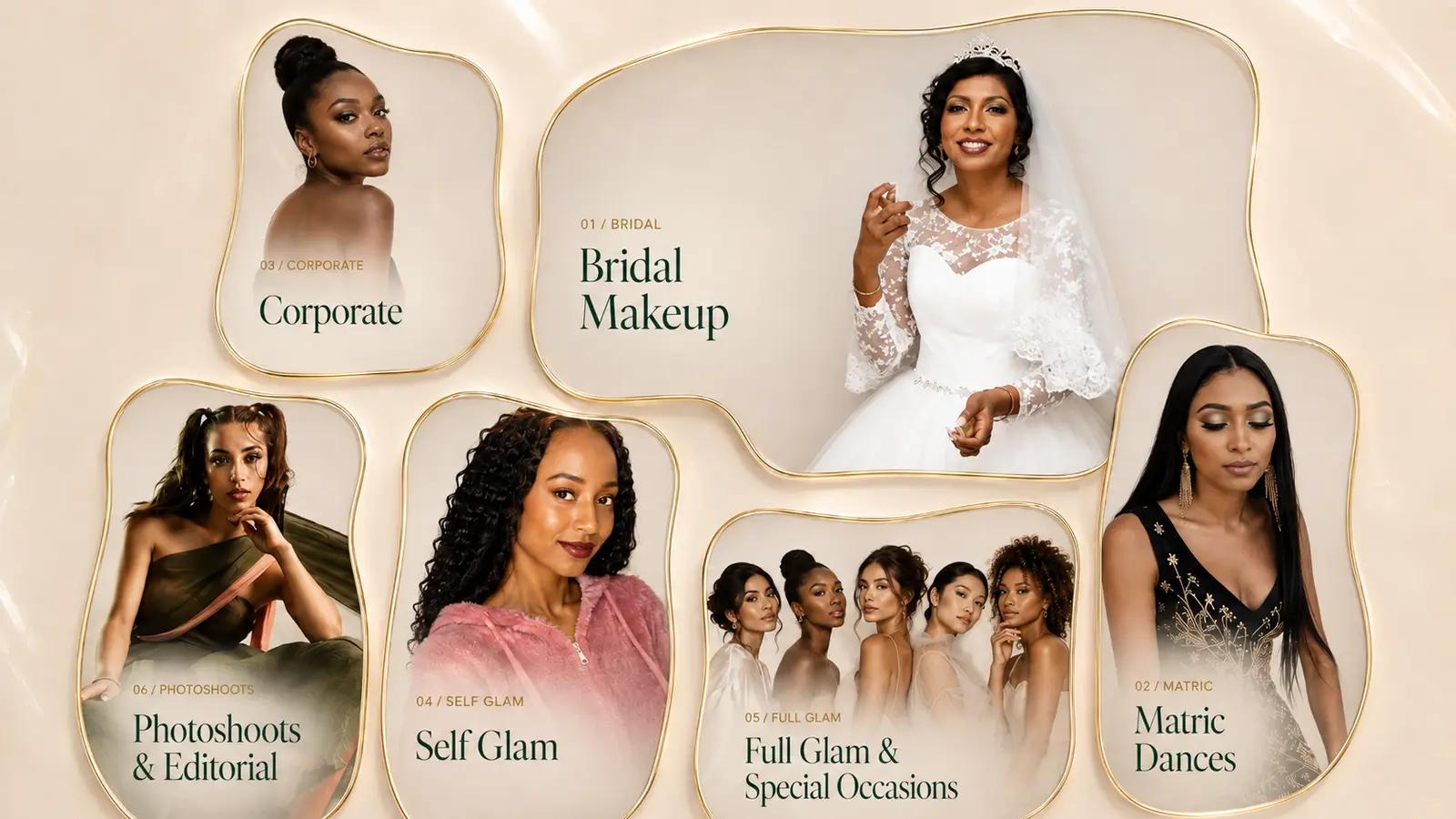 Tamz Artistry service categories: Bridal, Matric Dance, Makeup Classes, Special Occasions, Editorial and Creative, Mobile Dance Stage and Event